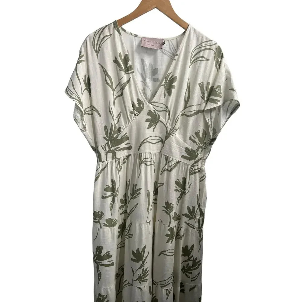 White Closet Elements Linen Blend Cream Olive Green Empire Waist Maxi Dress XL - Picture 4 of 12